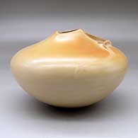 A buff seed jar with an organic opening, an ear of corn applique and her matte Breath of Life design, click or tap to see a larger version