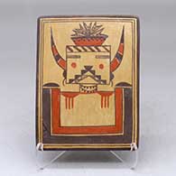A polychrome tile decorated with a katsina design
 by Rachel Sahmie of Hopi