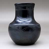 A black on black water jar decorated with bands of geometric design around the shoulder and around the upper neck, click or tap to see a larger version
