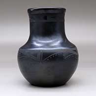 A black on black water jar decorated with bands of geometric design around the shoulder and around the upper neck, click or tap to see a larger version
