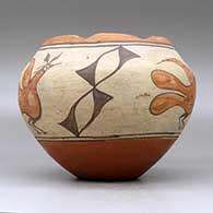 A polychrome jar with a scalloped rim and decorated with a three-panel roadrunner and geometric design, click or tap to see a larger version