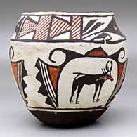 A polychrome jar decorated with a three-panel deer-in-his-house and geometric design, click or tap to see a larger version
