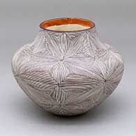 A polychrome jar decorated with a black-on-white snowflake fine line geometric design
 by Delores Aragon Juanico of Acoma