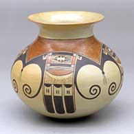 A polychrome jar with a rolled lip and decorated with a four-panel eagletail, bird element and geometric design
 by Dextra of Hopi