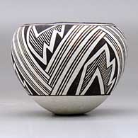 A small black on white jar decorated with a three panel fineline, lightning bolt and geometric design, click or tap to see a larger version