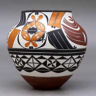 A polychrome jar decorated with a parrot, flower, rainbow, rain cloud and geometric design, click or tap to see a larger version