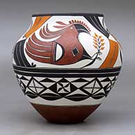 A polychrome jar decorated with a parrot, flower, rainbow, rain cloud and geometric design, click or tap to see a larger version