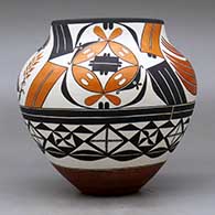 A polychrome jar decorated with a parrot, flower, rainbow, rain cloud and geometric design, click or tap to see a larger version