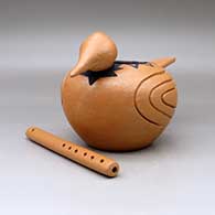 The woodpecker and flute, a black on golden micaceous bird effigy and clay flute, from the Chickasaw, click or tap to see a larger version