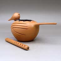 The woodpecker and flute, a black on golden micaceous bird effigy and clay flute, from the Chickasaw, click or tap to see a larger version