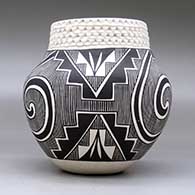 A black on white jar decorated with a three-panel Tularosa spiral, fineline, kiva step and geometric design, plus a band of corrugation around the neck, click or tap to see a larger version