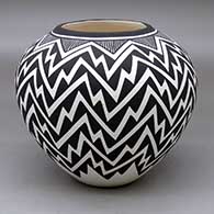 A black on white jar decorated with a lightning bolt and fineline geometric design
 by Katherine Victorino of Acoma
