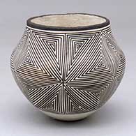 A black on white jar decorated with a snowflake fineline design
 by Lucy Lewis of Acoma