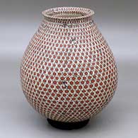 A polychrome jar with a flared rim and decorated with a honeybee and honeycomb geometric design
 by Manuel Rodriguez of Mata Ortiz and Casas Grandes