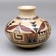 A polychrome jar with a recurved neck and decorated around the body with a four-panel moth and geometric design
 by Rayvin Nampeyo of Hopi