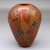 A polychrome vase decorated with a four-panel bird element, shard and geometric design
 by Gloria Kahe of Hopi
