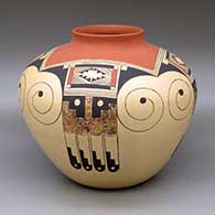 A polychrome jar decorated with a four-panel eagletail and geometric design
 by Clinton Polacca of Hopi