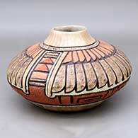 Click for a larger view A polychrome low shouldered jar with a carved, sgraffito and painted feather, spiral and geometric design
 by Carla Nampeyo of Hopi