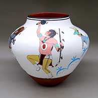 A large polychrome jar decorated with a buffalo and deer dancer, bird, kachina, pueblo, kiva and geometric design
 by Jose Medina of Zia