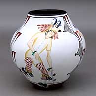 A polychrome jar decorated with a three panel Pueblo dancer and geometric design
 by Marcellus Medina of Zia