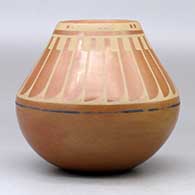 A polychrome jar decorated with a band of feathers design above the shoulder, click or tap to see a larger version