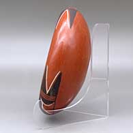 A polychrome bowl decorated inside with a bird-hanging-from-sky-band and geometric design and around the shoulder with a geometric design, click or tap to see a larger version