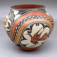 A polychrome jar with a four-panel roadrunner, rainbow, whirling logs and geometric design
 by Sofia Medina of Zia