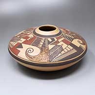 A polychrome jar decorated on the upper surface with a four-panel feather, bird element and geometric design
 by Karen Abeita of Hopi