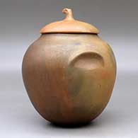 A lidded golden micaceous jar with fire clouds and inset shoulder handles, Ribbon is a Merit Award from the 2000 Lawrence Indian Arts Show, Lawrence, KS, click or tap to see a larger version