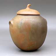 A lidded golden micaceous jar with fire clouds and inset shoulder handles, Ribbon is a Merit Award from the 2000 Lawrence Indian Arts Show, Lawrence, KS, click or tap to see a larger version