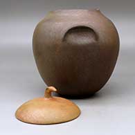 A lidded golden micaceous jar with fire clouds and inset shoulder handles, Ribbon is a Merit Award from the 2000 Lawrence Indian Arts Show, Lawrence, KS, click or tap to see a larger version