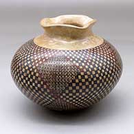 A polychrome mixed-clay jar with an organic opening and lip, decorated below the neck with a checkerboard and geometric design
 by Lazaro Ponce of Mata Ortiz and Casas Grandes