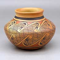 A polychrome jar with a recurved neck, fire clouds and decorated with a migration pattern design around the body
 by Elva Nampeyo of Hopi