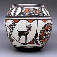 A polychrome jar decorated with a four-panel deer-in-his-house, rosette and geometric design, click or tap to see a larger version