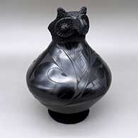 Black-on-black owl effigy jar with a geometric design
 by Rito Talavera of Mata Ortiz and Casas Grandes