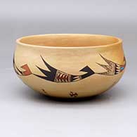 A polychrome bowl polished on the inside and decorated with a band of geometric design above a cloud of butterflies and dragonflies across the base
 by Terran Naha of Hopi