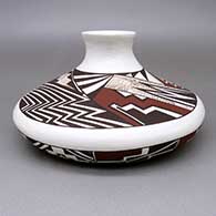 Polychrome jar with a flat body, a flared opening, and a fine line, kiva step, lightning bolt, and geometric design
 by Bill Navasie of Hopi