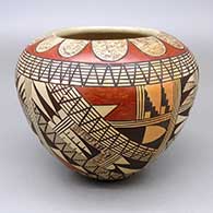 Polychrome jar with fire clouds and a four-panel fine line and geometric design
 by Rondina Huma of Hopi