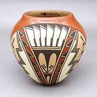 Polychrome jar with a cornstalk, feather ring, and geometric design on side and a painted lightning bolt detail inside opening
 by Juanita Fragua of Jemez