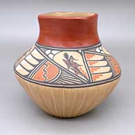 Polychrome jar with a slightly flared, square opening, thirty-two carved melon ribs below the shoulder, and a painted four panel cornstalk,feather, kiva step, fine line, and geometric design
 by Virginia Ponca Fragua of Jemez