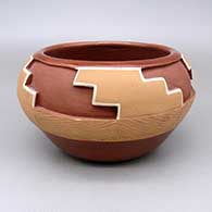 Polychrome Potsuwii bowl with micaceous slip details and a carved, sgraffito, and painted  kiva step geometric design
 by Dominguita Sisneros of Ohkay Owingeh