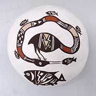 A polychrome seed pot decorated on top with a cloudeater, fish and geometric design
 by Carolyn Concho of Acoma