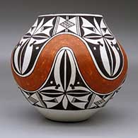A polychrome jar decorated with a four-panel rainbow, cloud element and geometric design, click or tap to see a larger version