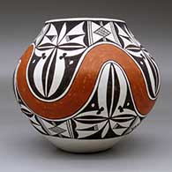 A polychrome jar decorated with a four-panel rainbow, cloud element and geometric design, click or tap to see a larger version