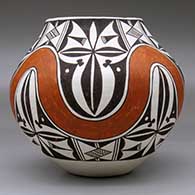 A polychrome jar decorated with a four-panel rainbow, cloud element and geometric design, click or tap to see a larger version
