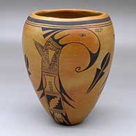 A polychrome cylinder decorated with a three-panel thunderbird-hanging-from-sky-band and geometric design
 by Unknown of Hopi