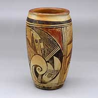 A polychrome cylinder with a ticked rim and a two-panel bird-hanging-from-sky-band and geometric design
 by Unknown of Hopi