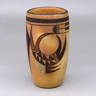 A polychrome cylinder with fire clouds and decorated with a two-panel bird-hanging-from-sky-band and geometric design
 by Unknown of Hopi