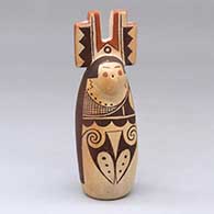 A standing dancer figure wearing a tablito and decorated with a geometric design
 by Darlene Nampeyo of Hopi