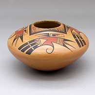 A polychrome bowl decorated above the shoulder with a four-panel bird-hanging-from-sky-band and geometric design
 by Dawn Navasie of Hopi